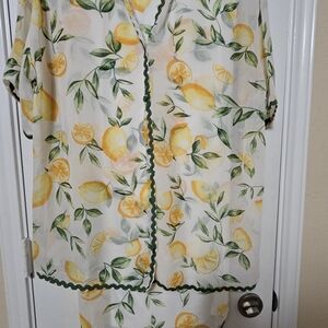 Fashion Nova Yellow Lemon Print Button-Up Top with Green Trim